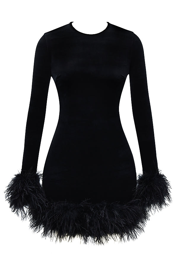 Leony | Fluwelen Mini-Jurk met Veren - Fashion Lab