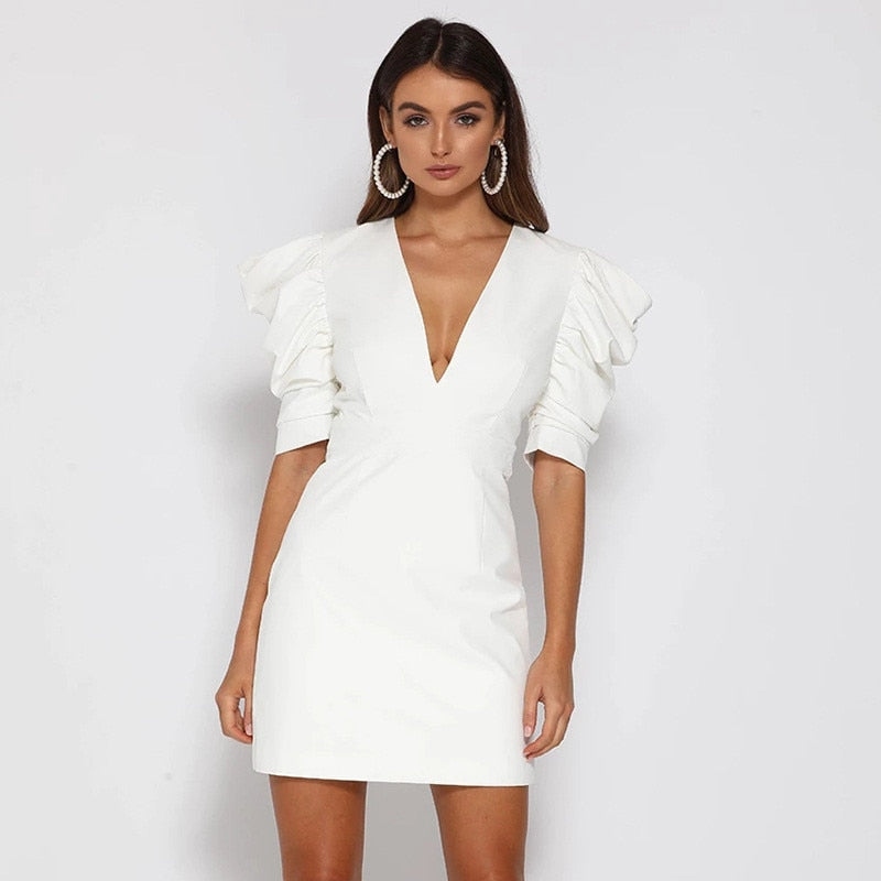 JANTINE | Jurk met pofmouwen en V-hals in wit - Fashion Lab