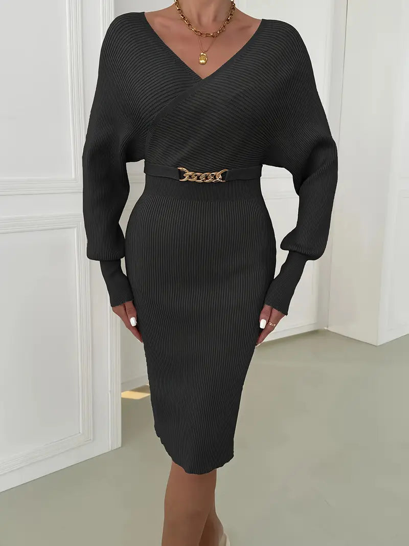 Jessica | Gebreide Midi-Jurk met Riemdetail - Fashion Lab