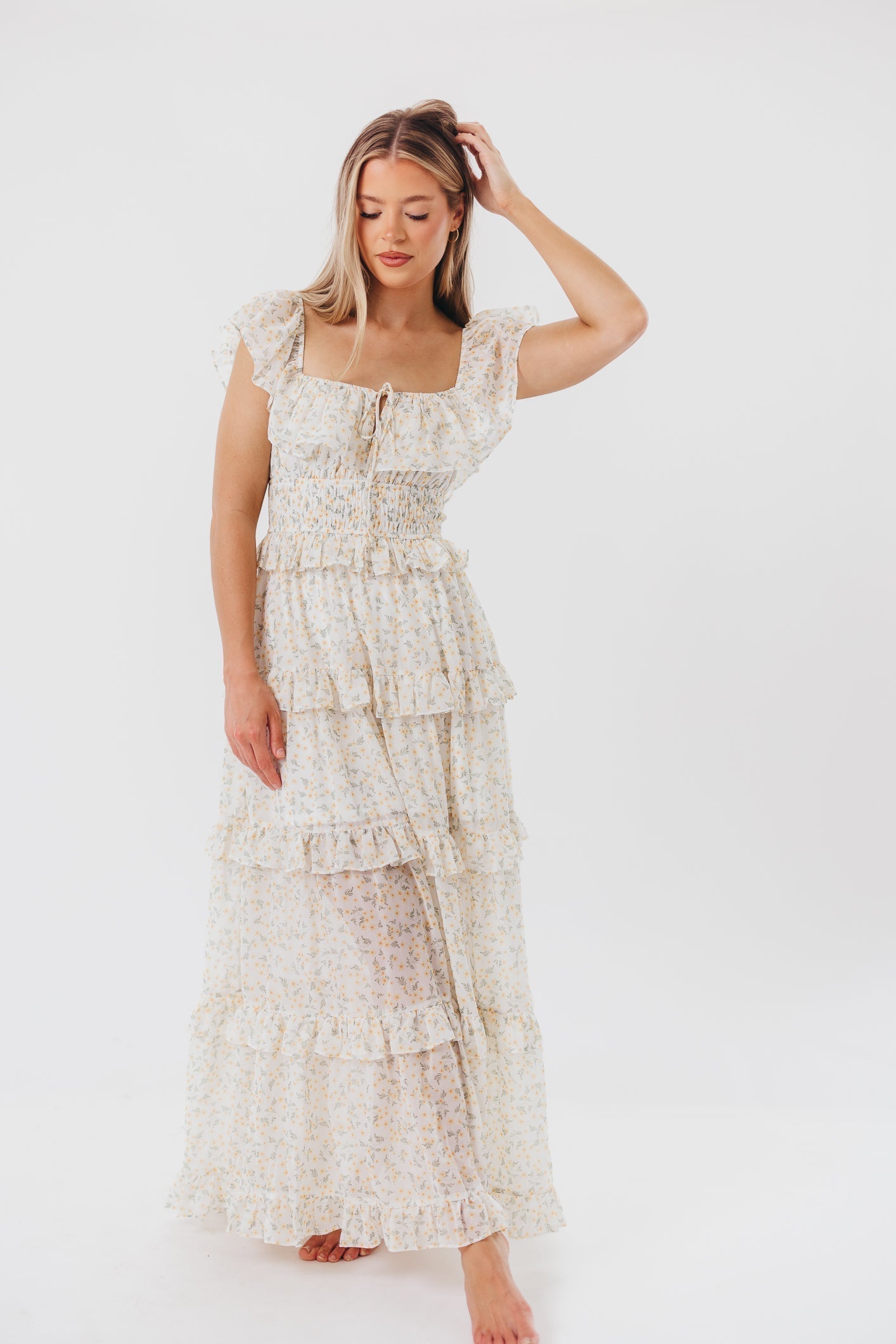 Jurk voor dames – Azra | Maxi Jurk Met Ruches In Gele Bloemenprint