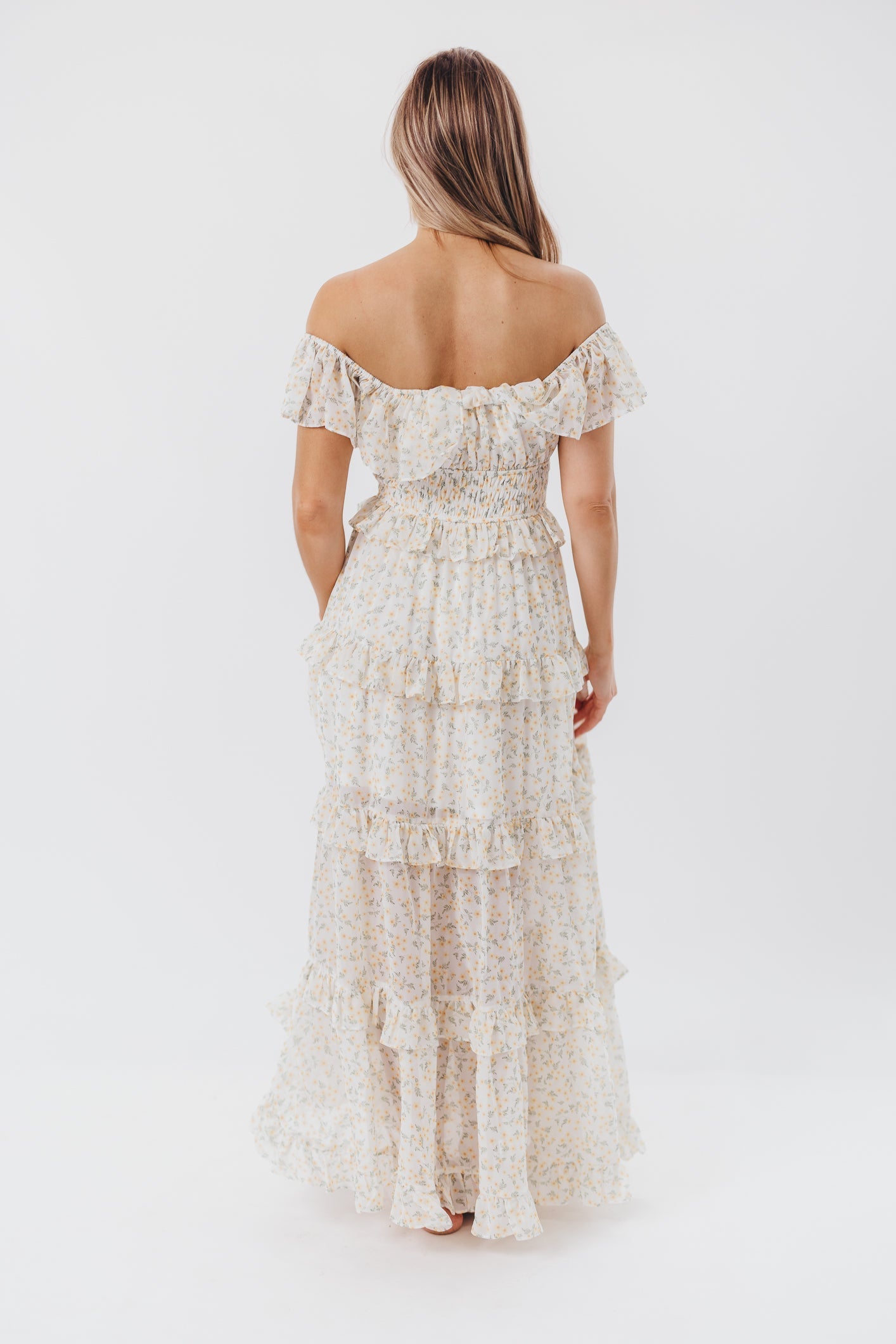 Jurk voor dames – Azra | Maxi Jurk Met Ruches In Gele Bloemenprint