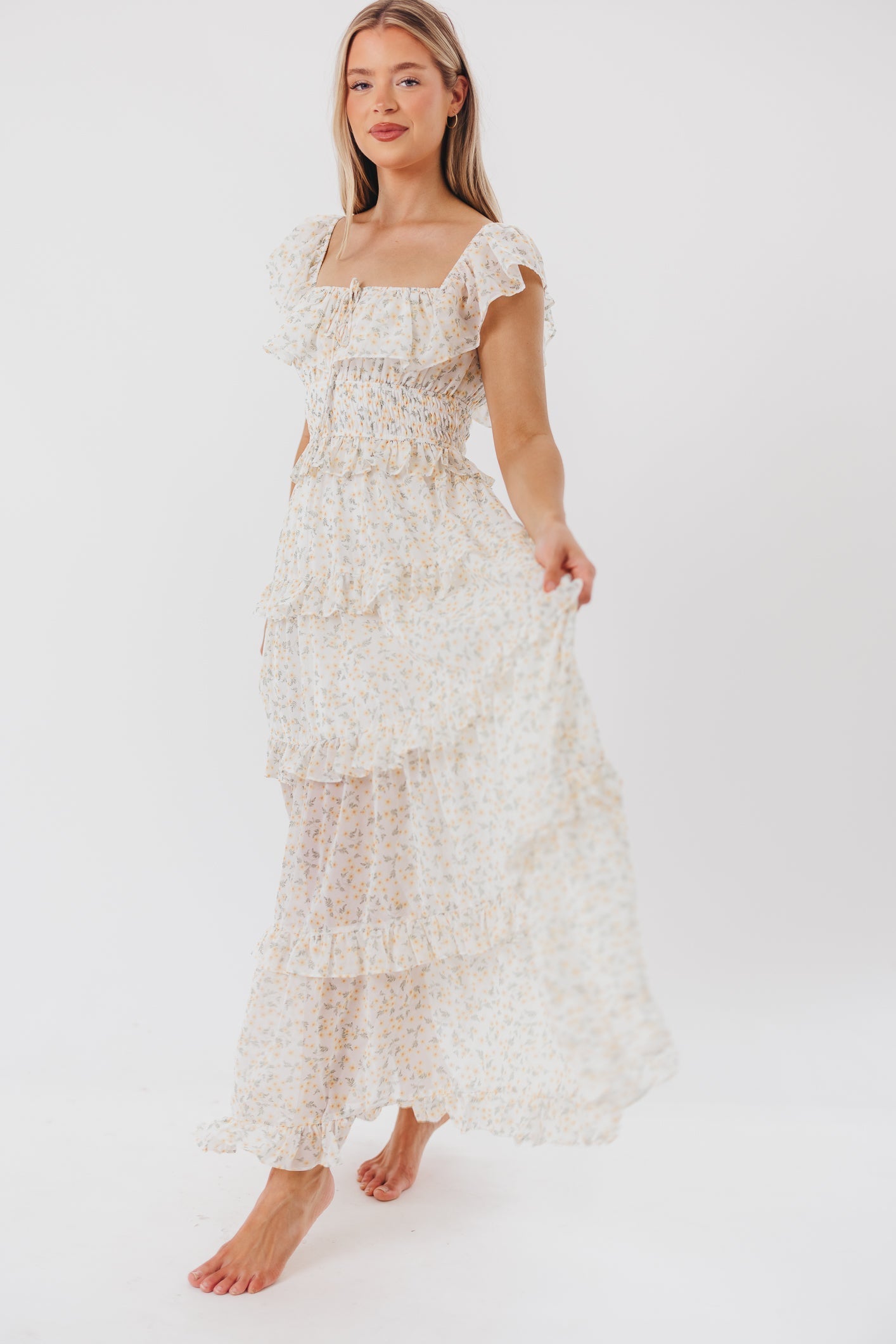 Jurk voor dames – Azra | Maxi Jurk Met Ruches In Gele Bloemenprint