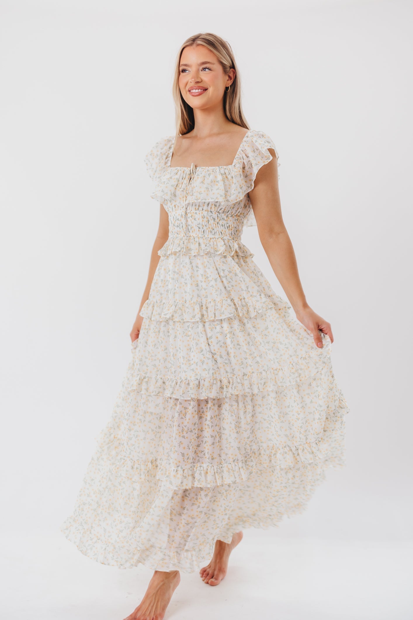 Jurk voor dames – Azra | Maxi Jurk Met Ruches In Gele Bloemenprint
