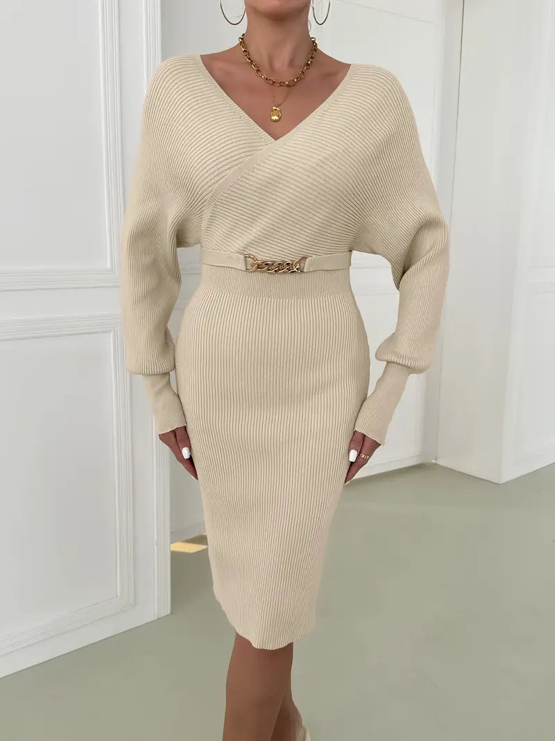 Jessica | Gebreide Midi-Jurk met Riemdetail - Fashion Lab
