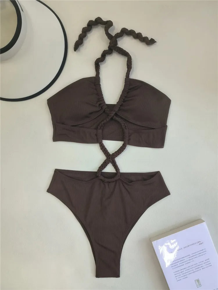 Kara | Ribbed Brown Halter Bikini Set - Fashion Lab