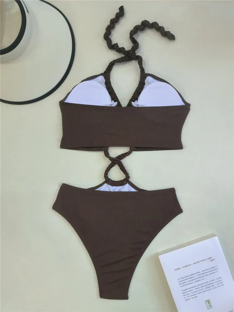 Kara | Ribbed Brown Halter Bikini Set - Fashion Lab