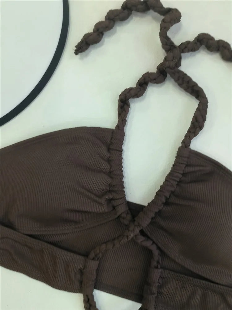 Kara | Ribbed Brown Halter Bikini Set - Fashion Lab