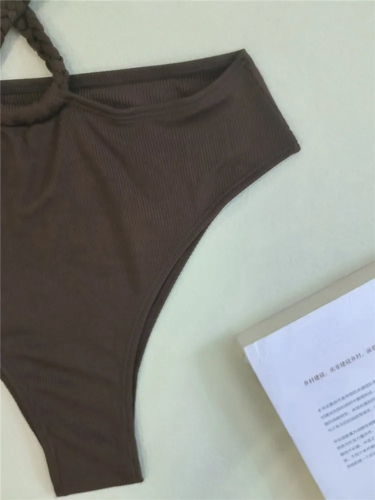 Kara | Ribbed Brown Halter Bikini Set - Fashion Lab