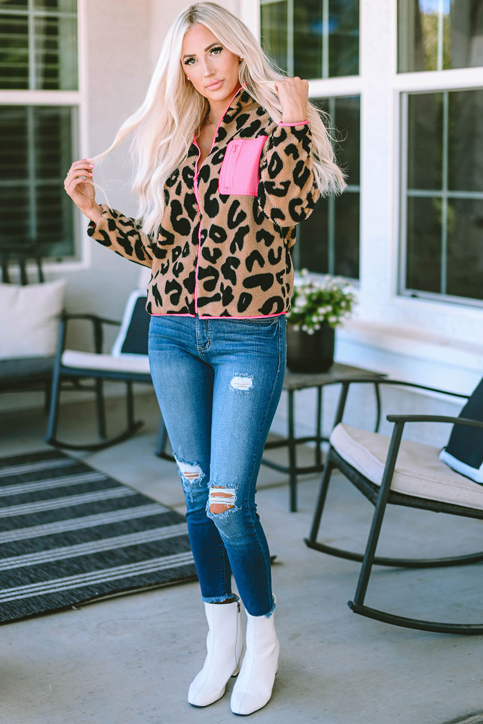 jas voor dames – Edda | Leopard Colorblock Fleece Jas Met Rits