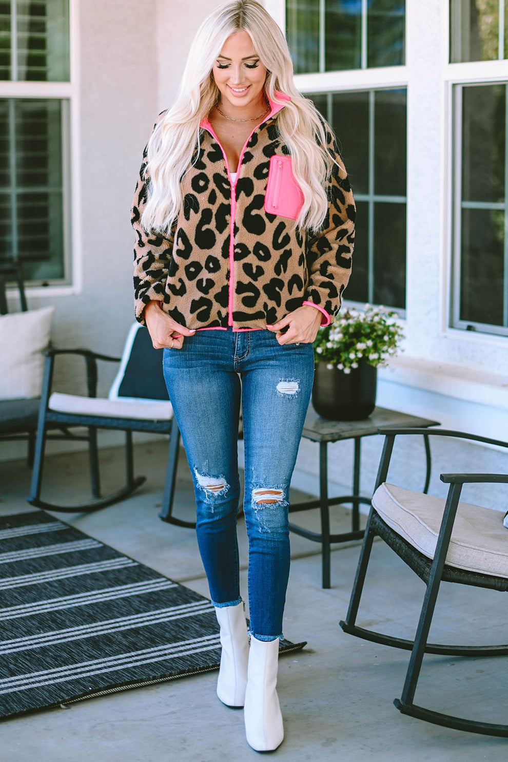 jas voor dames – Edda | Leopard Colorblock Fleece Jas Met Rits
