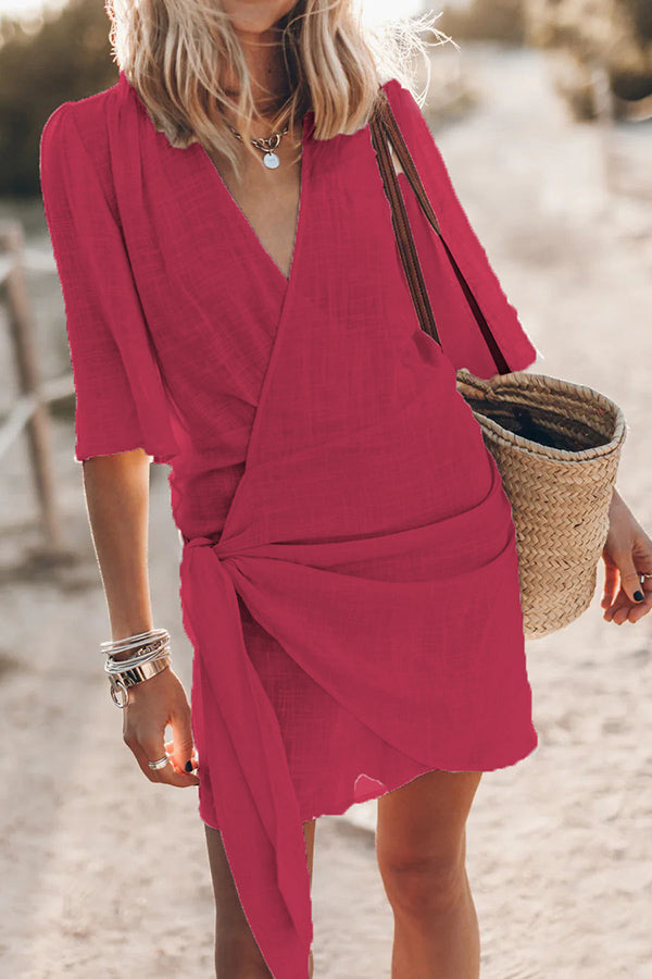 jurk voor dames – Gemira | Charmante Katoen Linnen Wrap Mini Jurk