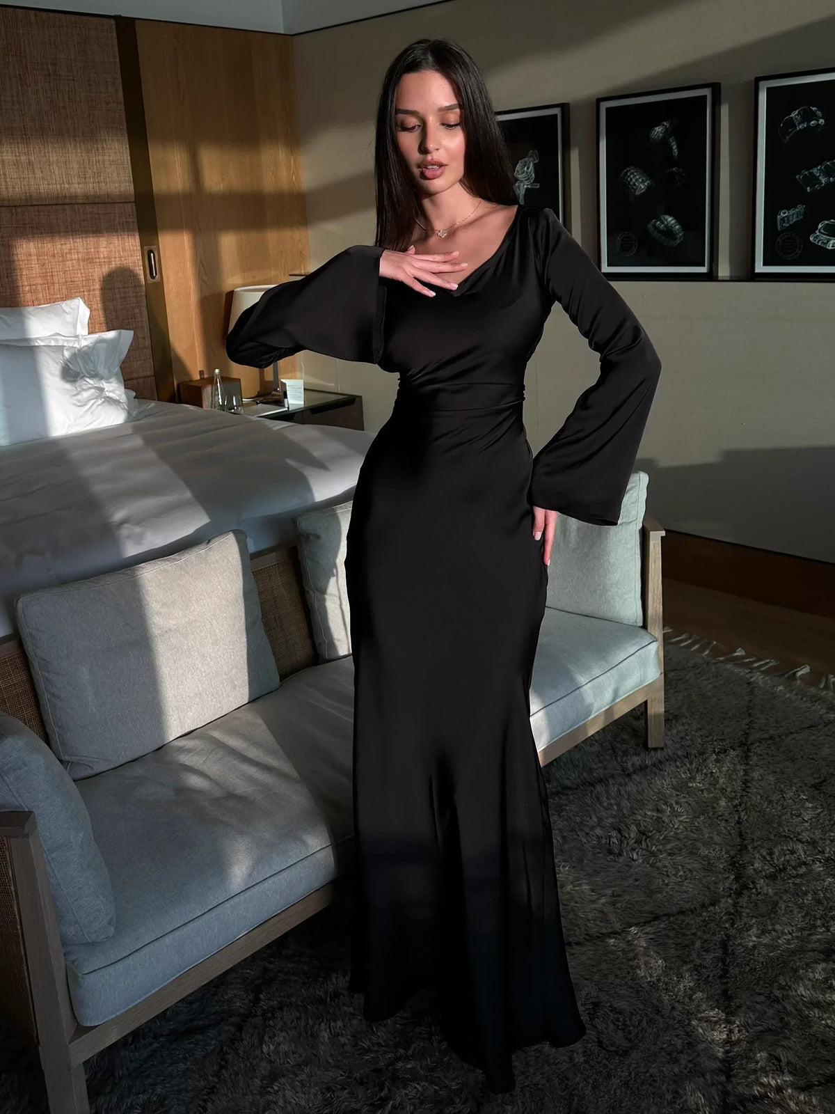 Hera | Nette effen jurk lange mouwen - Fashion Lab