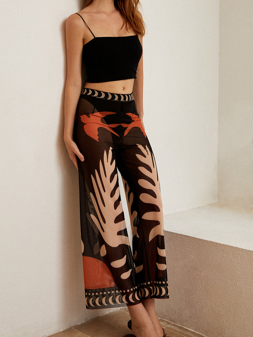broek voor dames – Karina | Vogelprint Transparante Mesh Broek