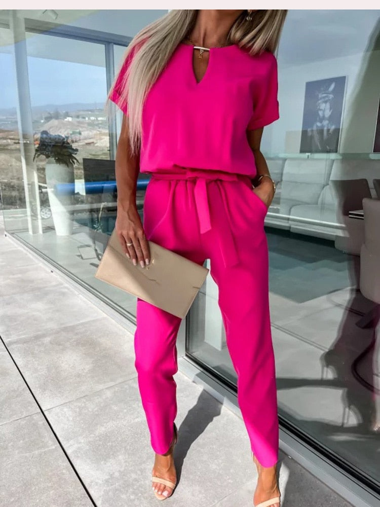 set voor dames โ Monique | Jumpsuit Met Korte Mouwen En Ceintuur