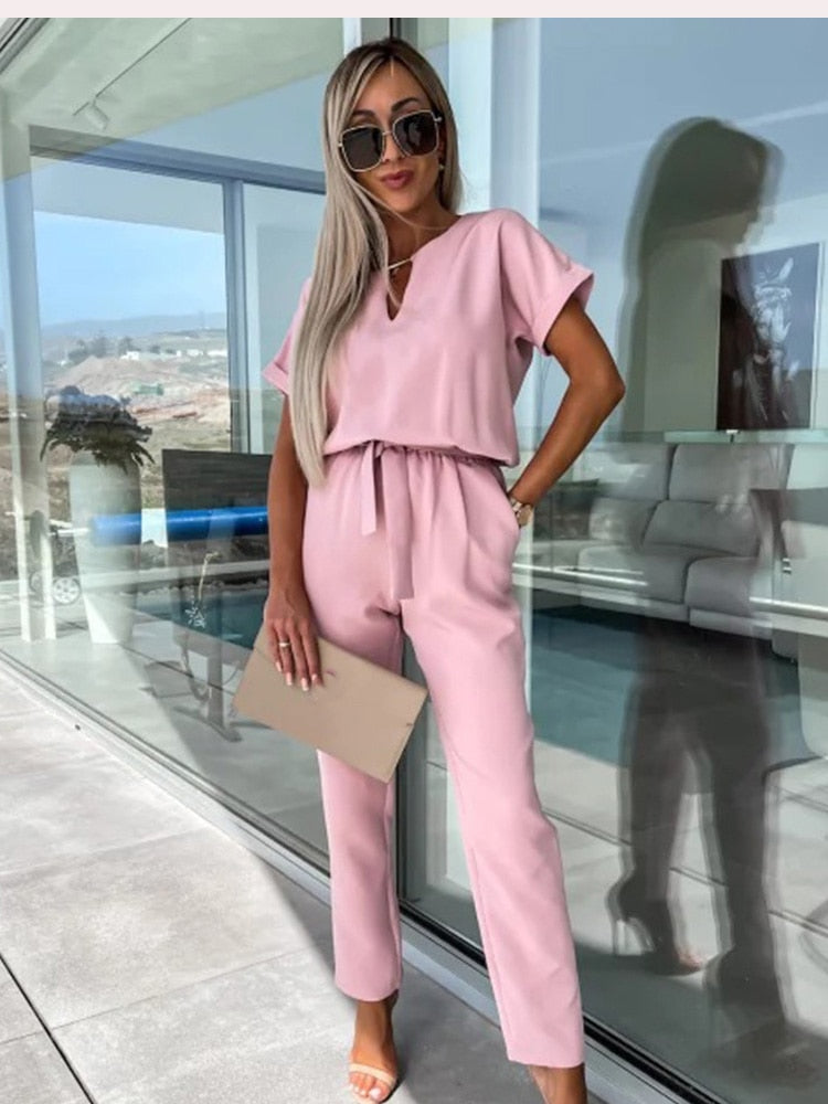 set voor dames โ Monique | Jumpsuit Met Korte Mouwen En Ceintuur