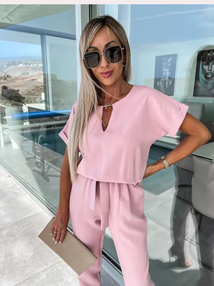 set voor dames โ Monique | Jumpsuit Met Korte Mouwen En Ceintuur