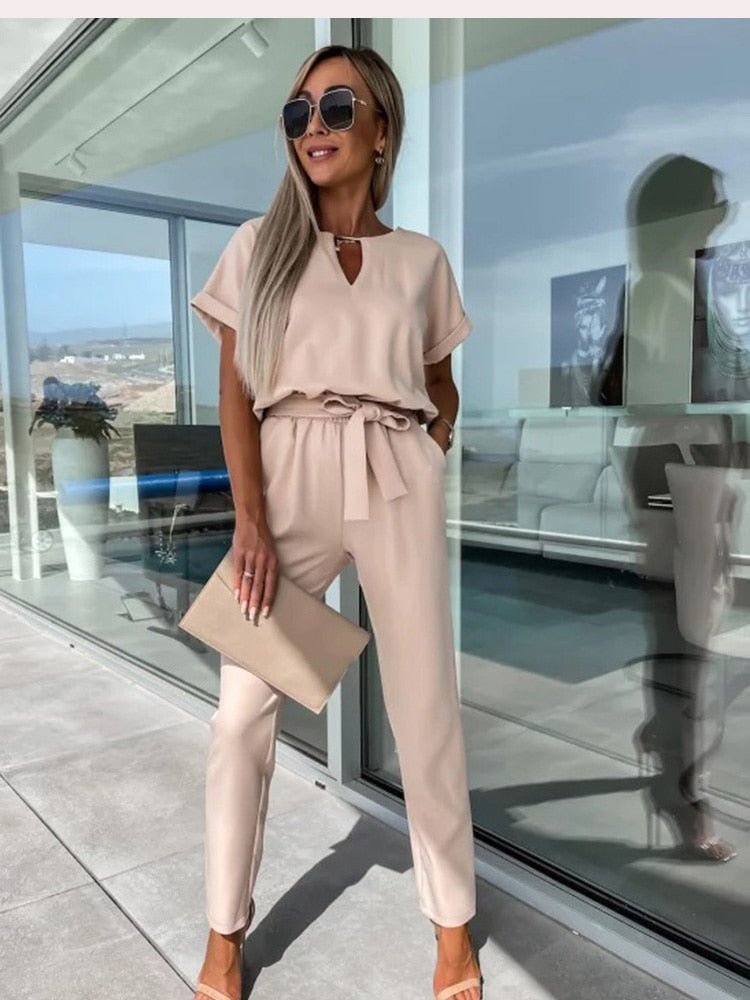 set voor dames โ Monique | Jumpsuit Met Korte Mouwen En Ceintuur
