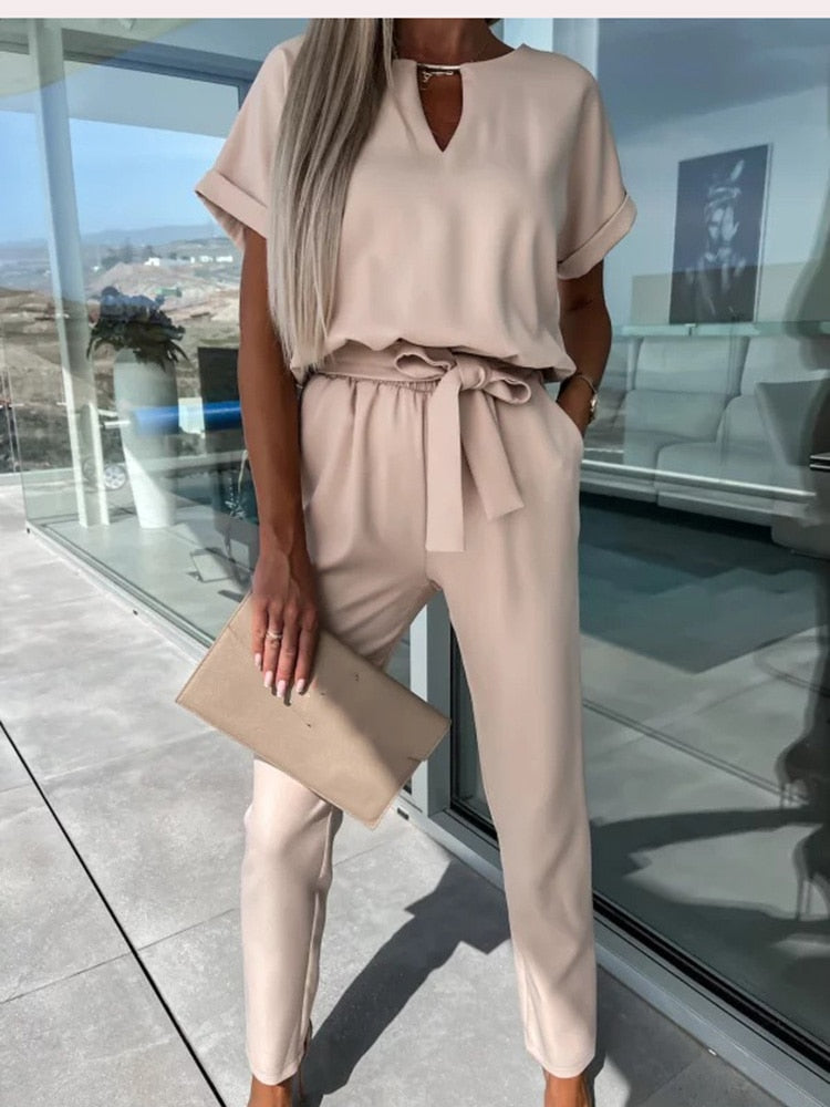 set voor dames โ Monique | Jumpsuit Met Korte Mouwen En Ceintuur
