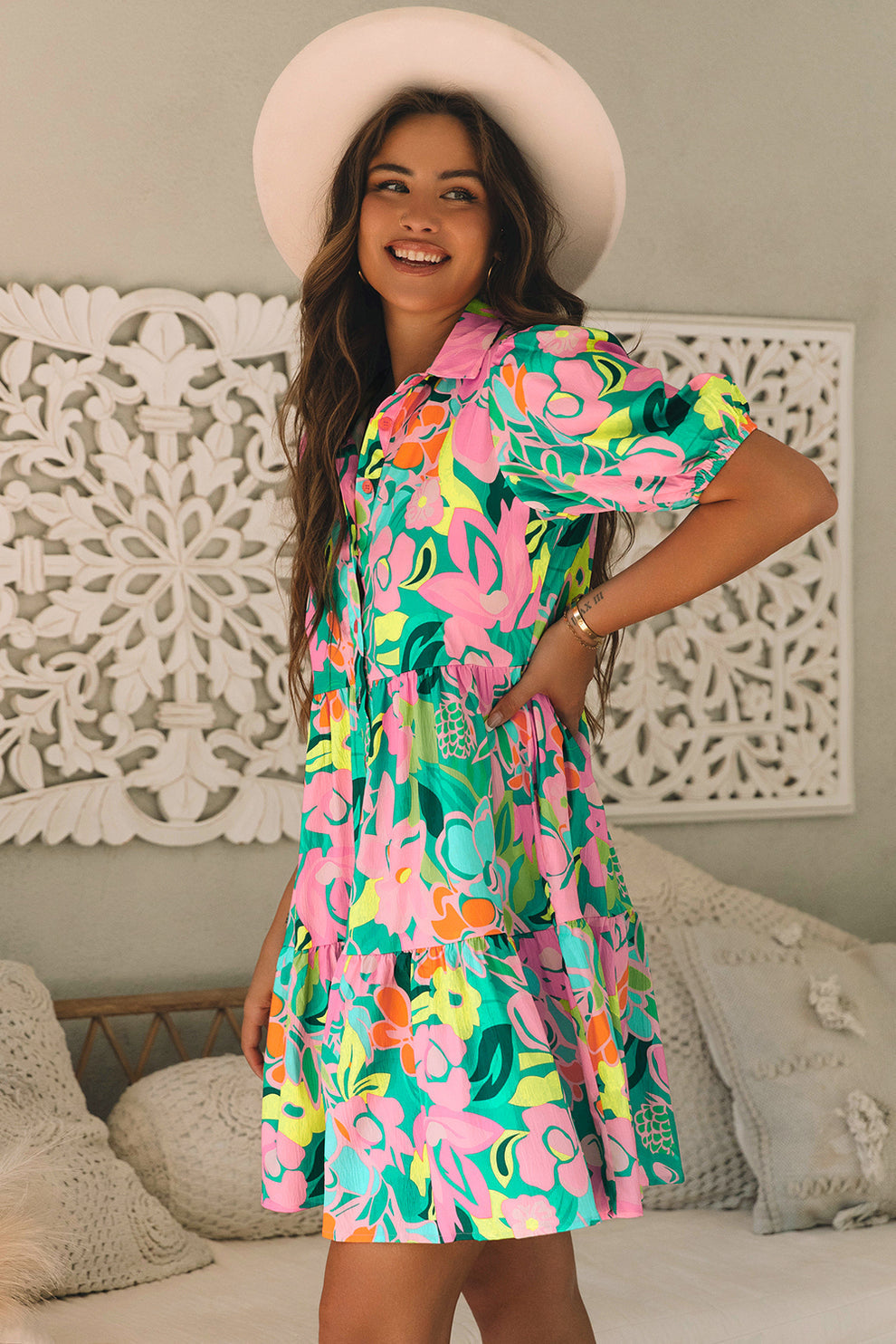 Paloma | Jurk Met Bloemen En Pofmouwen - Fashion Lab