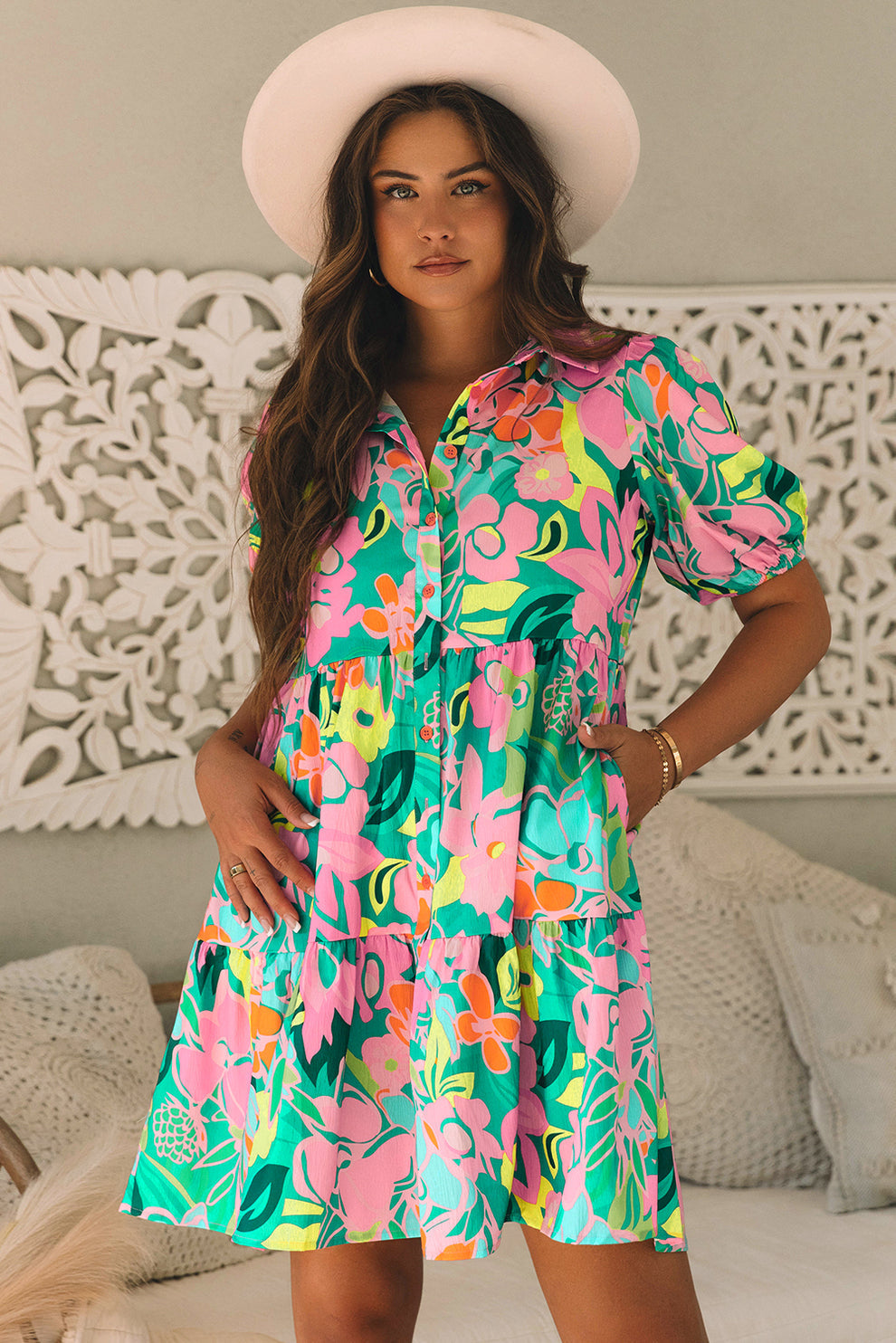 Paloma | Jurk Met Bloemen En Pofmouwen - Fashion Lab