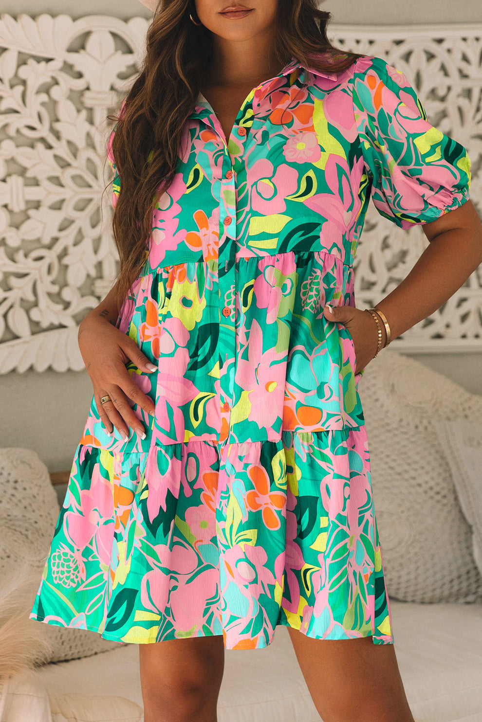 Paloma | Jurk Met Bloemen En Pofmouwen - Fashion Lab