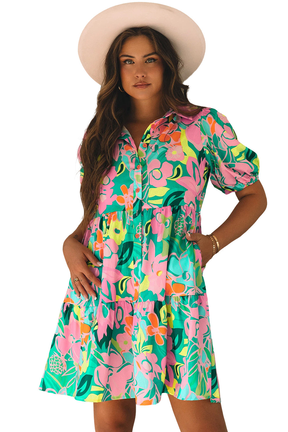Paloma | Jurk Met Bloemen En Pofmouwen - Fashion Lab