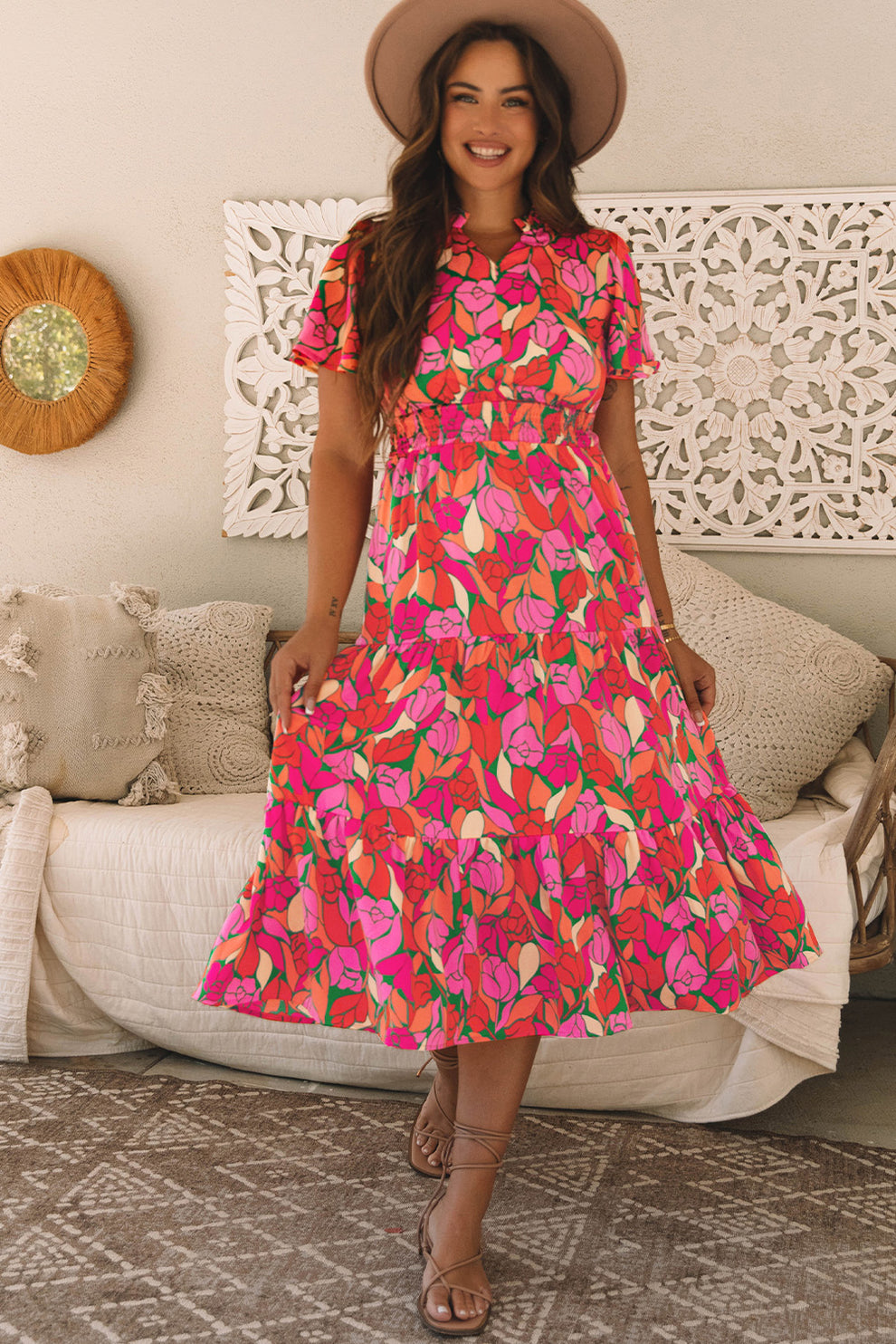 Pamela | Maxi Jurk Met Bloemenprint En Korte Mouwen - Fashion Lab