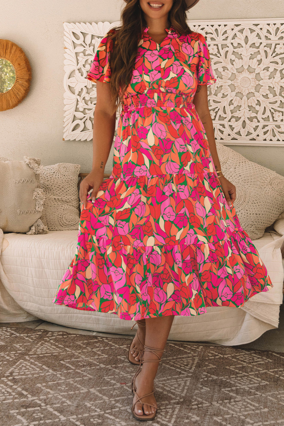 Pamela | Maxi Jurk Met Bloemenprint En Korte Mouwen - Fashion Lab
