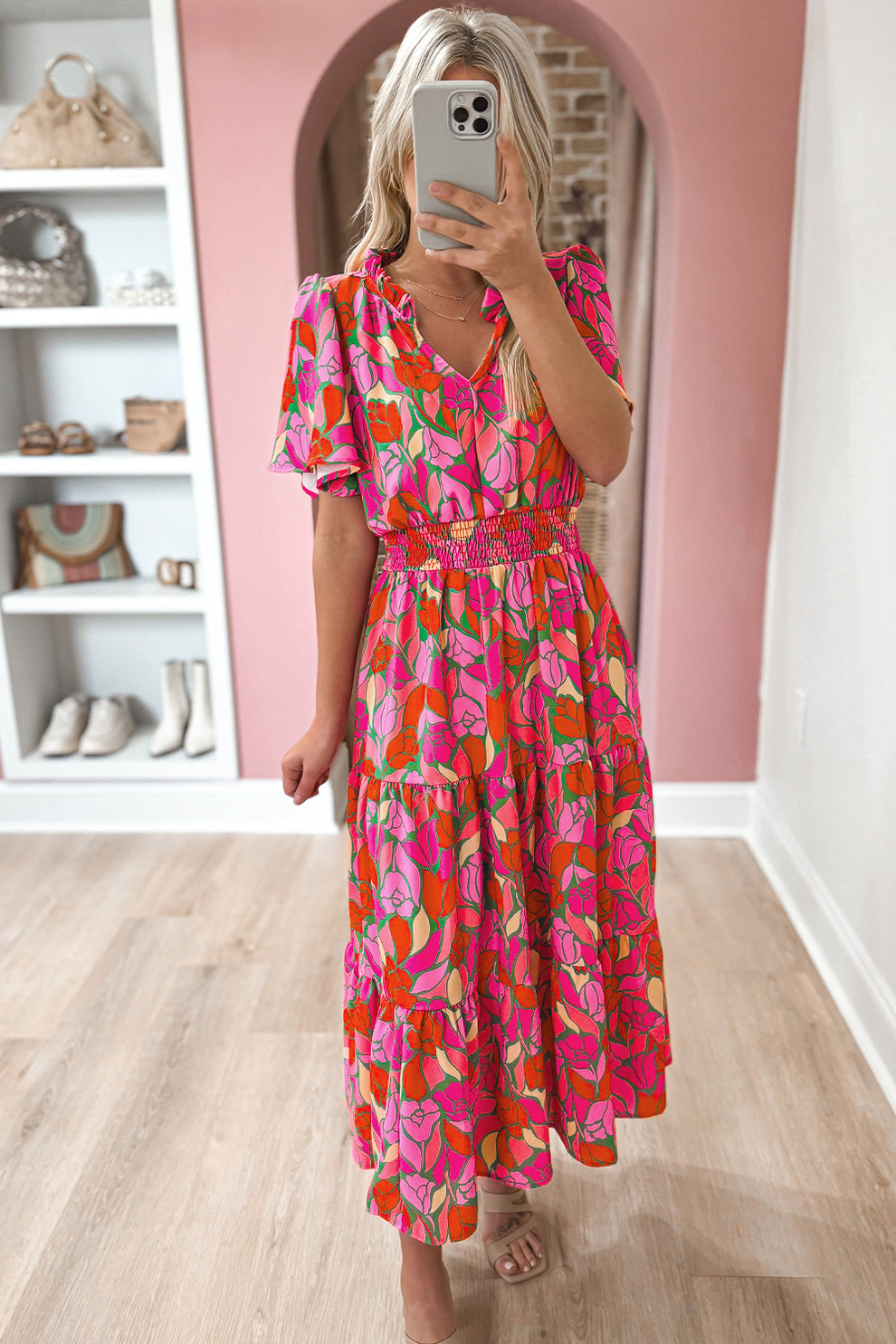 Pamela | Maxi Jurk Met Bloemenprint En Korte Mouwen - Fashion Lab