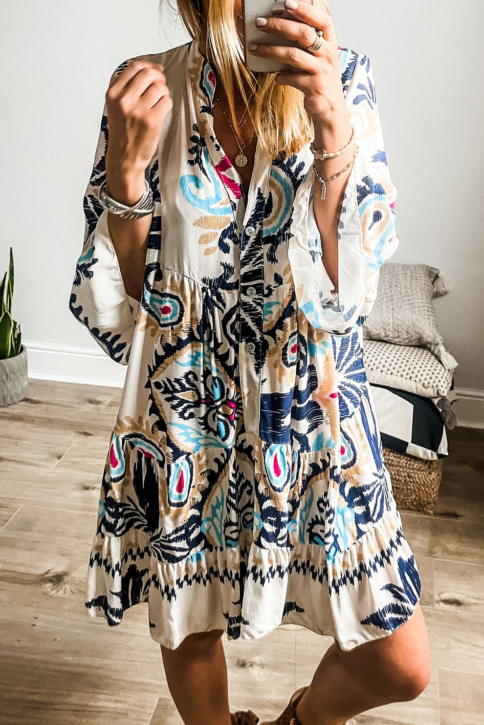 Pandora | Tribal Print Armband Mouw Knoop Mini Jurk - Fashion Lab