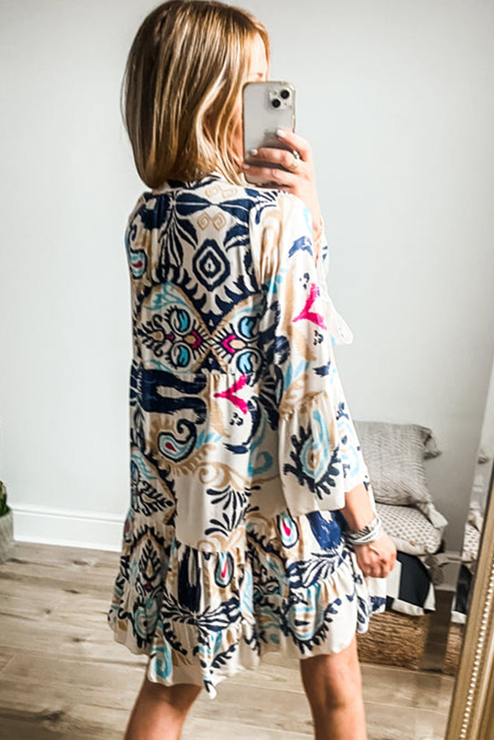 Pandora | Tribal Print Armband Mouw Knoop Mini Jurk - Fashion Lab