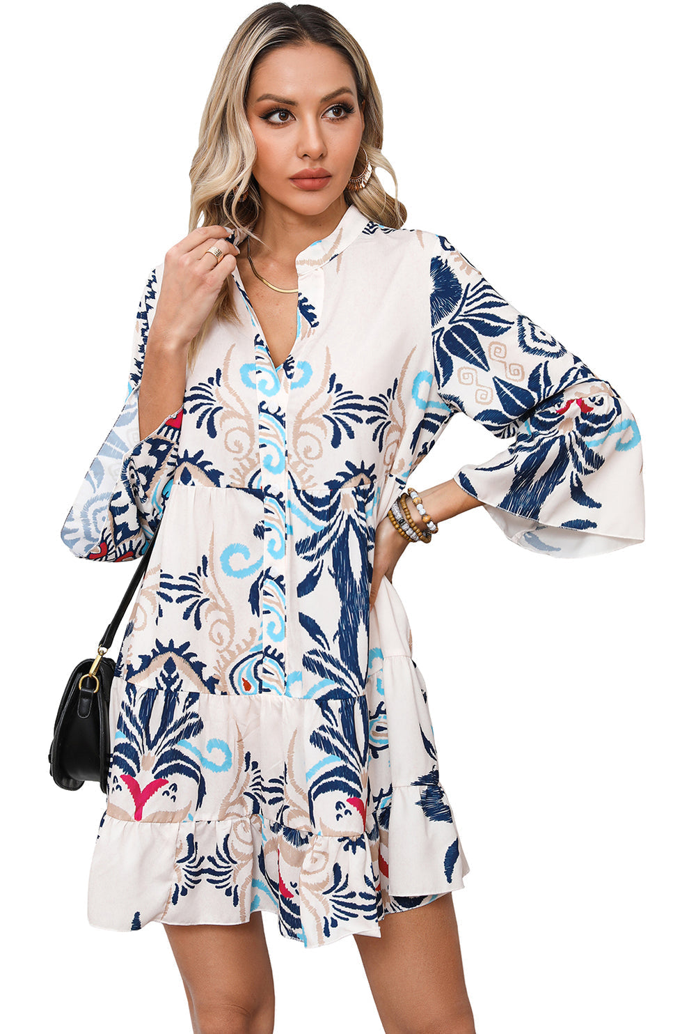Pandora | Tribal Print Armband Mouw Knoop Mini Jurk - Fashion Lab