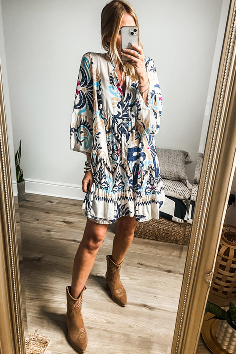 Pandora | Tribal Print Armband Mouw Knoop Mini Jurk - Fashion Lab