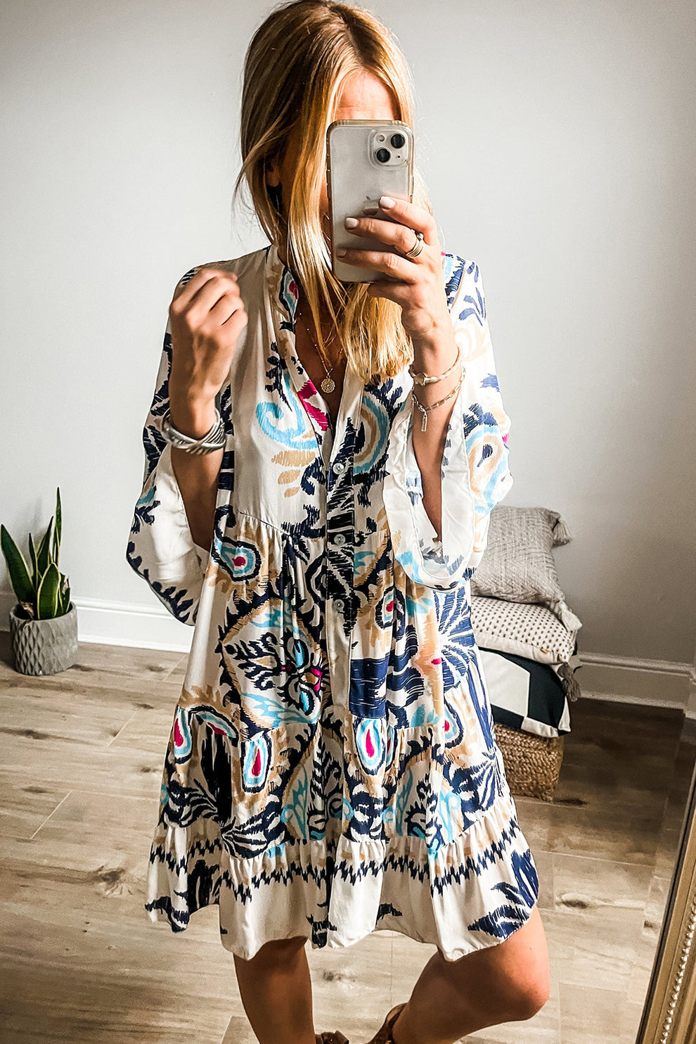 Pandora | Tribal Print Armband Mouw Knoop Mini Jurk - Fashion Lab