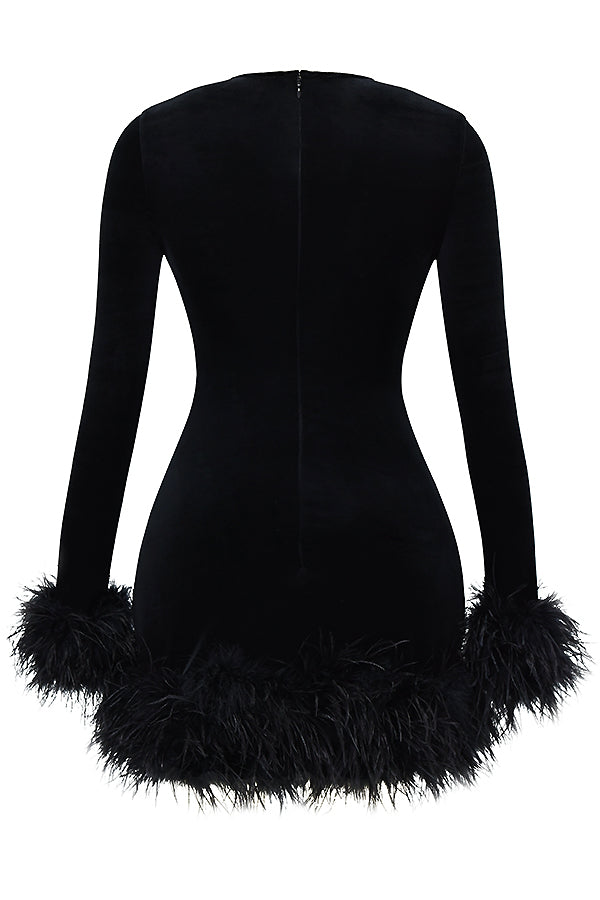 Leony | Fluwelen Mini-Jurk met Veren - Fashion Lab