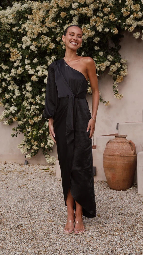 Xyza | Satijnen Maxi-jurk met één Schouder - Fashion Lab