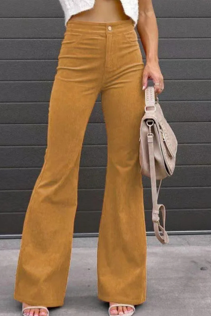 broek voor dames – Zariam | Casual Grijze Hoge Taille Uitlopende Broek Met Verstelbare Tailleband Voor Vrouwen