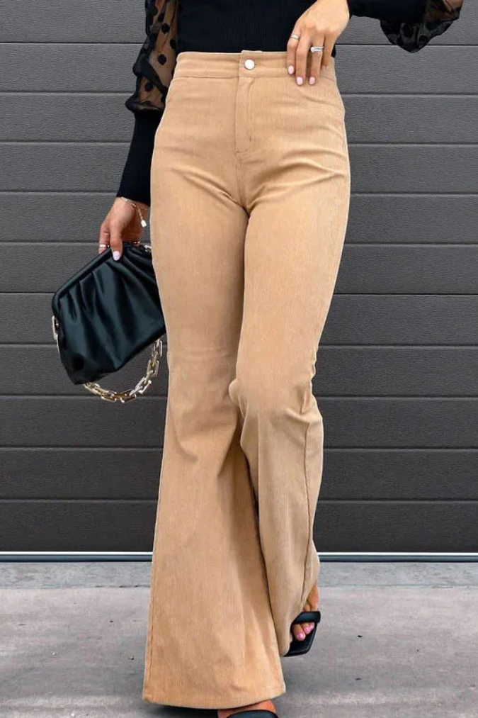 broek voor dames – Zariam | Casual Grijze Hoge Taille Uitlopende Broek Met Verstelbare Tailleband Voor Vrouwen