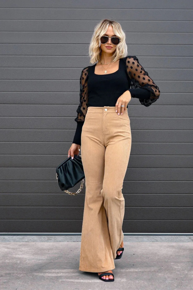broek voor dames – Zariam | Casual Grijze Hoge Taille Uitlopende Broek Met Verstelbare Tailleband Voor Vrouwen