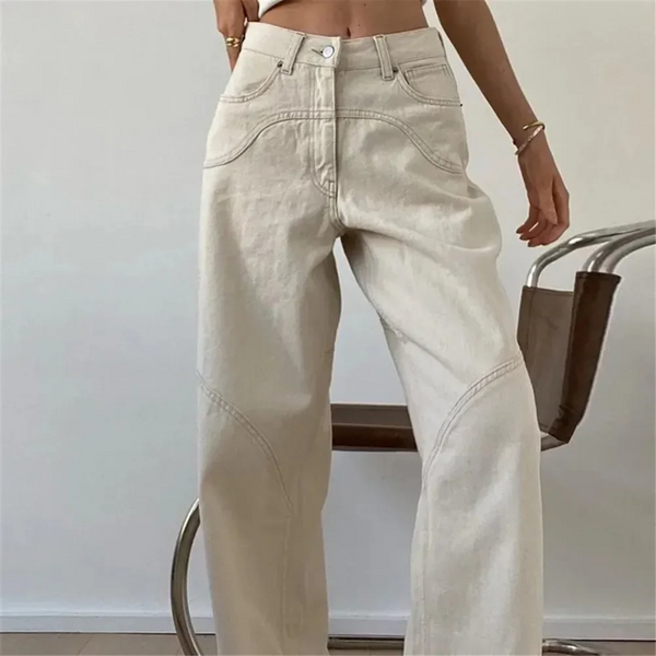broek voor dames – Zinnia | Casual Beige Lage Taille Loose Fit Uitlopende Broek Voor Vrouwen