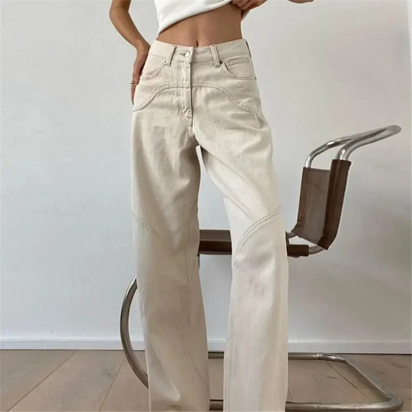 broek voor dames – Zinnia | Casual Beige Lage Taille Loose Fit Uitlopende Broek Voor Vrouwen