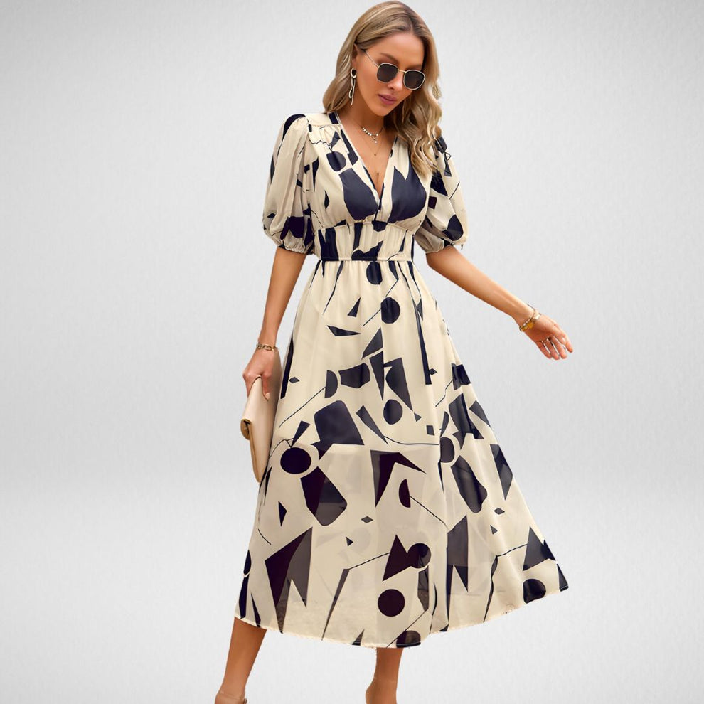 Zyla | Abstracte Print Maxi Jurk Met Pofmouwen - Fashion Lab