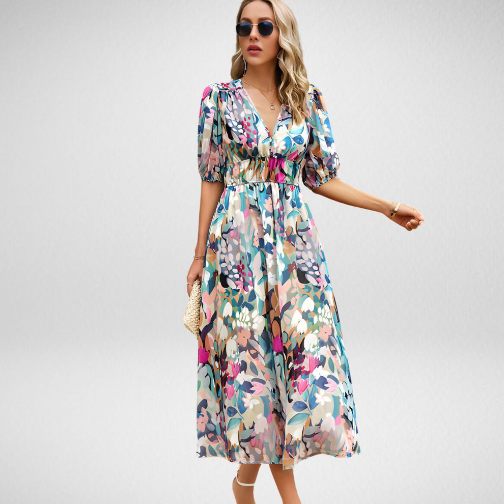 Zyla | Abstracte Print Maxi Jurk Met Pofmouwen - Fashion Lab