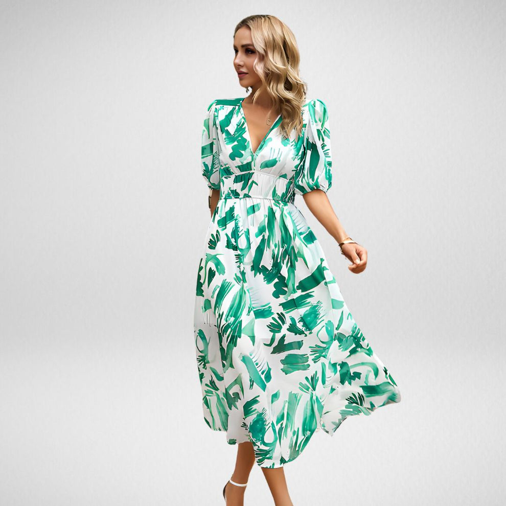 Zyla | Abstracte Print Maxi Jurk Met Pofmouwen - Fashion Lab