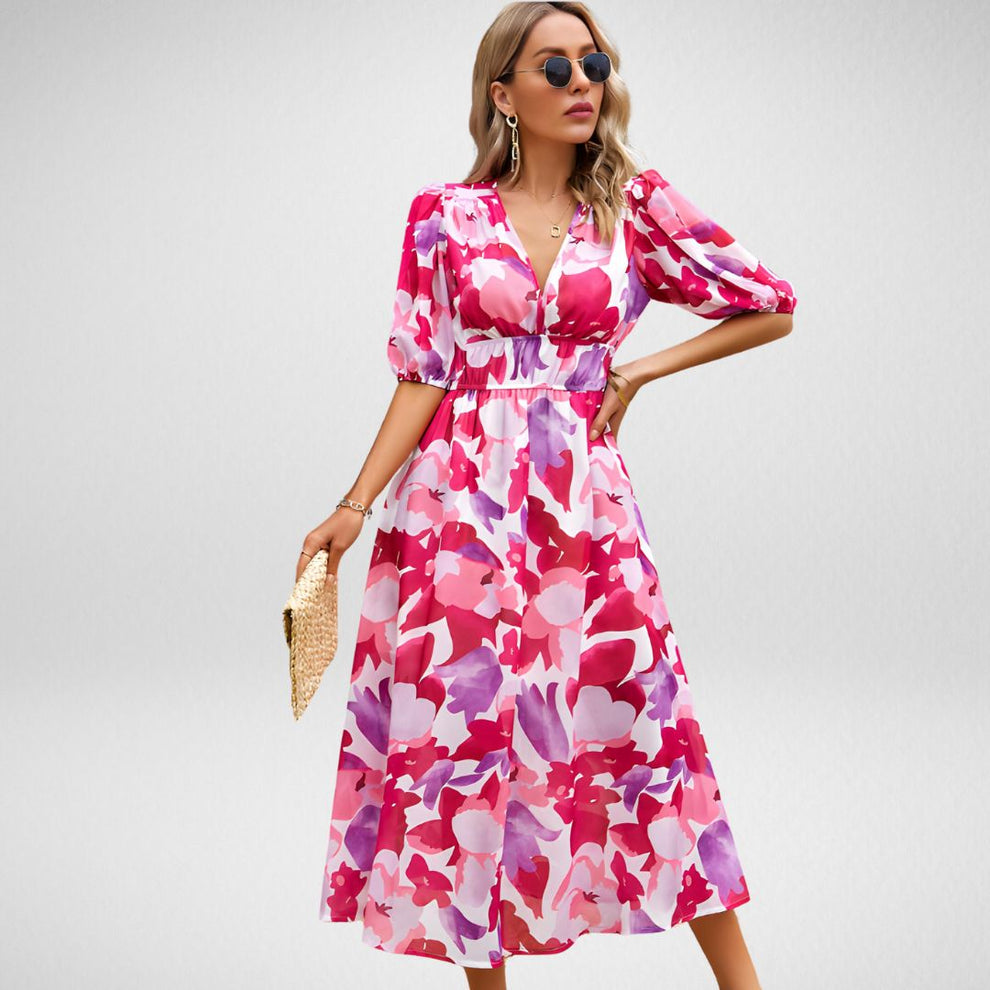 Zyla | Abstracte Print Maxi Jurk Met Pofmouwen - Fashion Lab