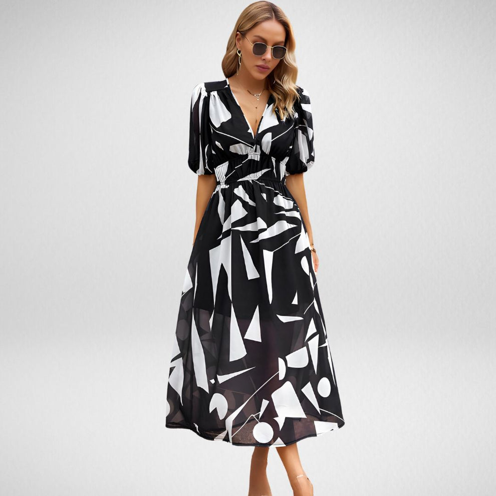 Zyla | Abstracte Print Maxi Jurk Met Pofmouwen - Fashion Lab
