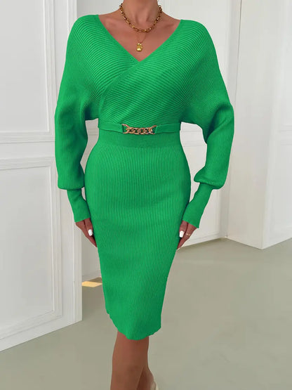 Jessica | Gebreide Midi-Jurk met Riemdetail - Fashion Lab