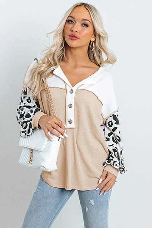 Vivianne | Wafelgebreide Top met Luipaardmouwen - Fashion Lab