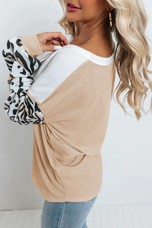 Vivianne | Wafelgebreide Top met Luipaardmouwen - Fashion Lab