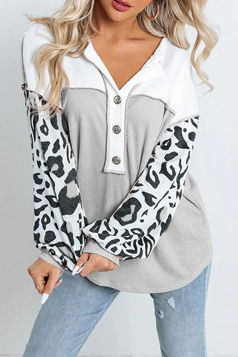 Vivianne | Wafelgebreide Top met Luipaardmouwen - Fashion Lab
